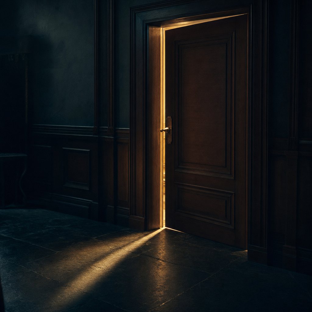 A door standing slightly ajar with warm light spilling into a dark hallway