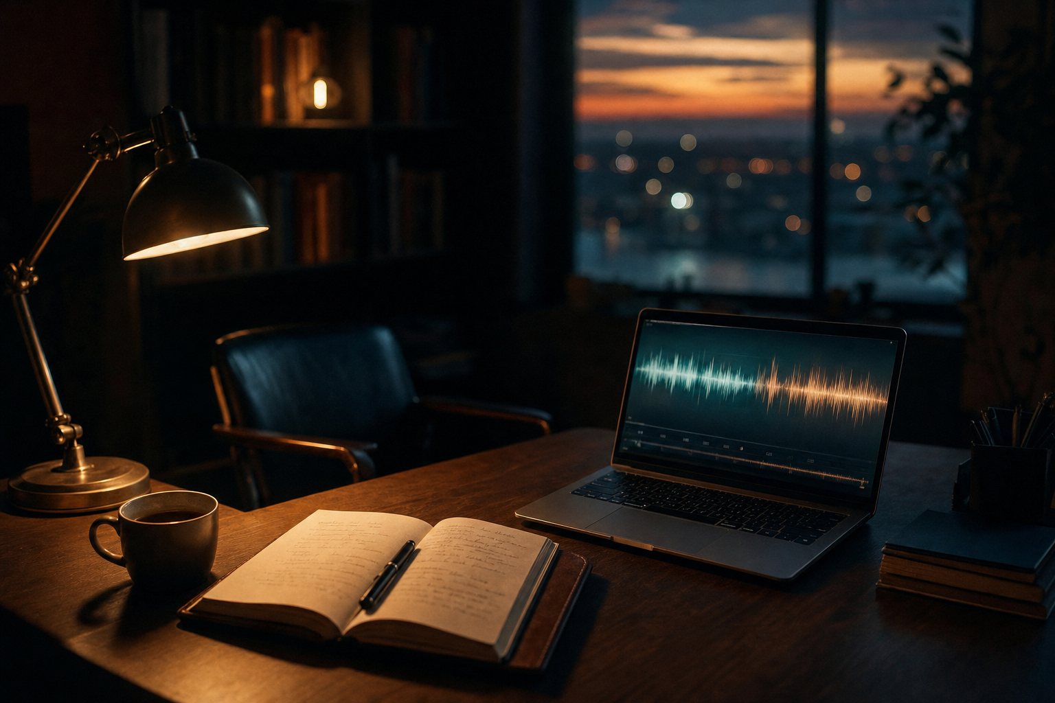 A recorded sales call open on a laptop in a quiet study at dusk