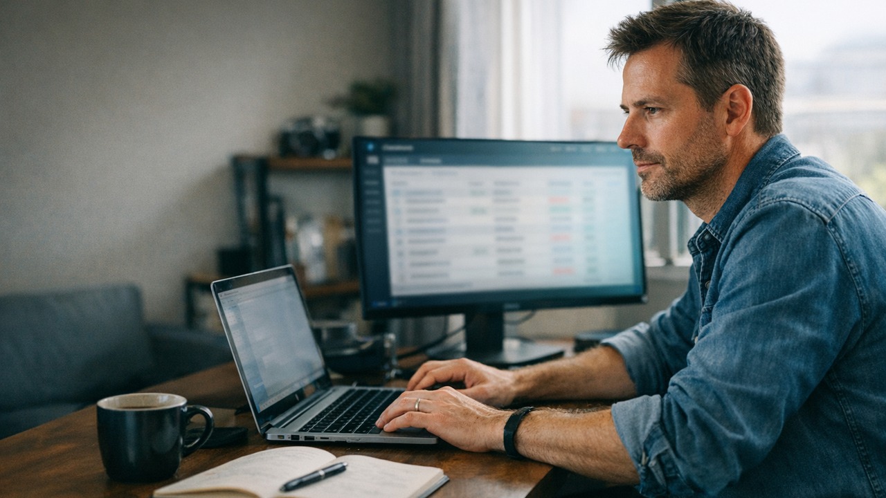 An operator at a desk reviewing a Sales Connector dashboard