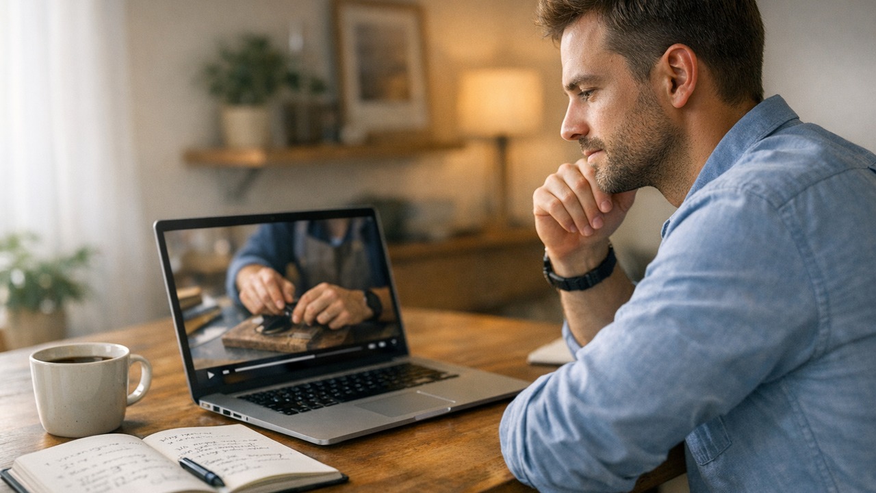 A sales operator at a clean desk reviewing a Sales Connector training video on a laptop