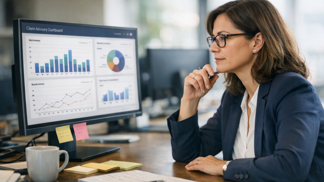 A CPA partner reviewing client advisory dashboards on a large monitor