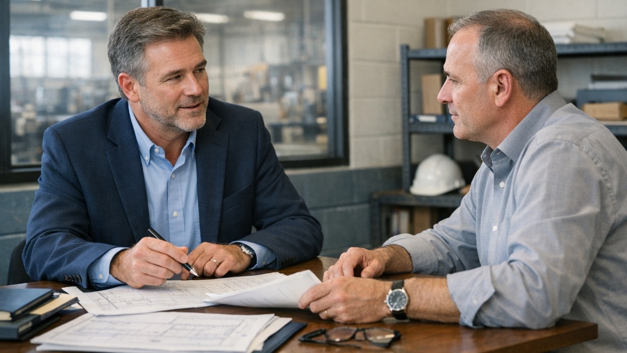 A commercial insurance broker meeting with a manufacturing CFO