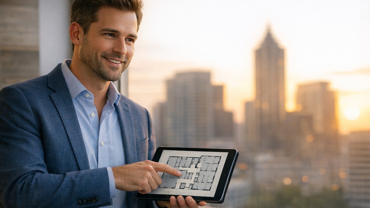 A tenant-rep broker reviewing floor plans on a tablet with an urban office tower behind