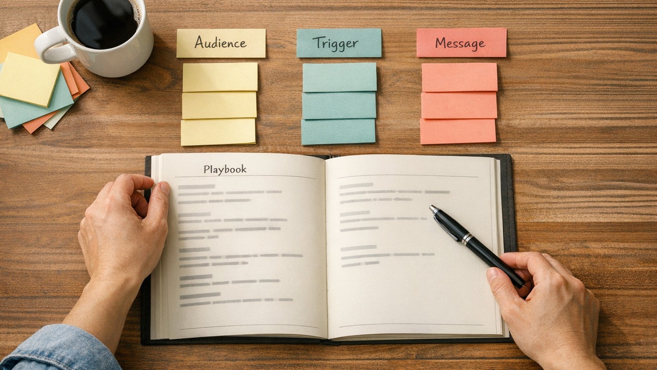 A playbook on a desk with sticky notes for audience, trigger, and message