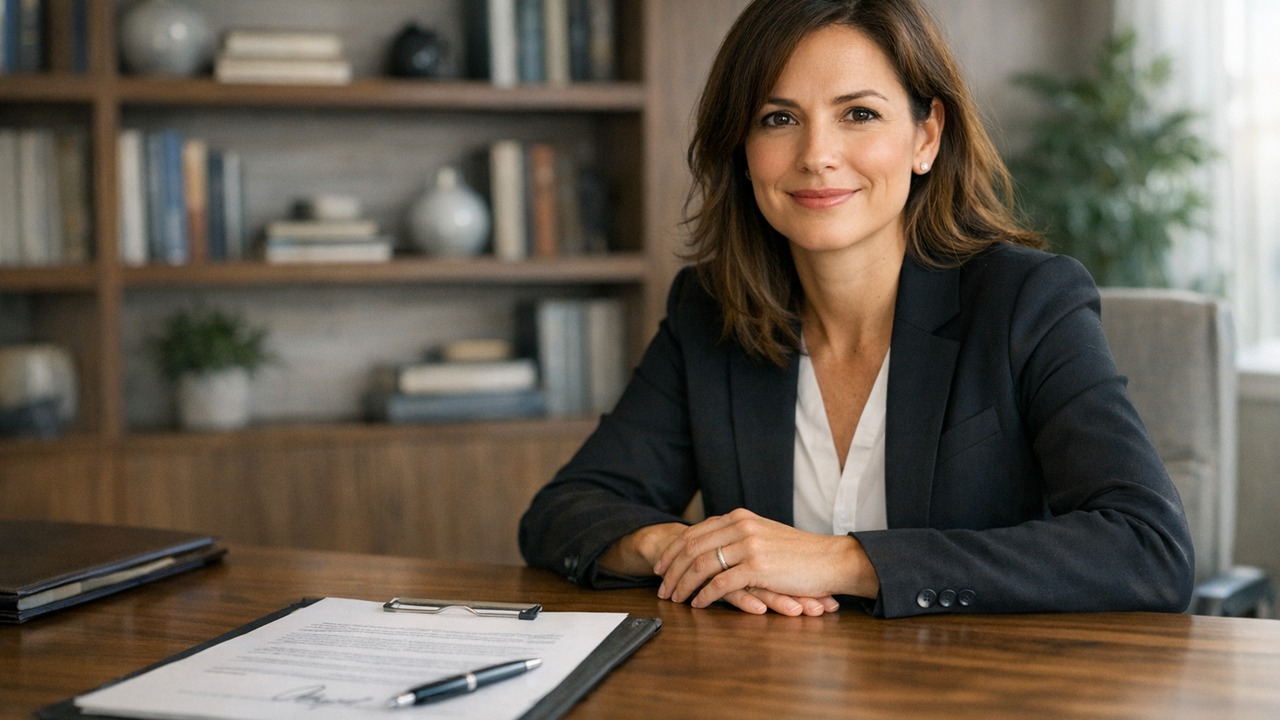 A business attorney at a clean walnut desk with a signed contract in soft natural light