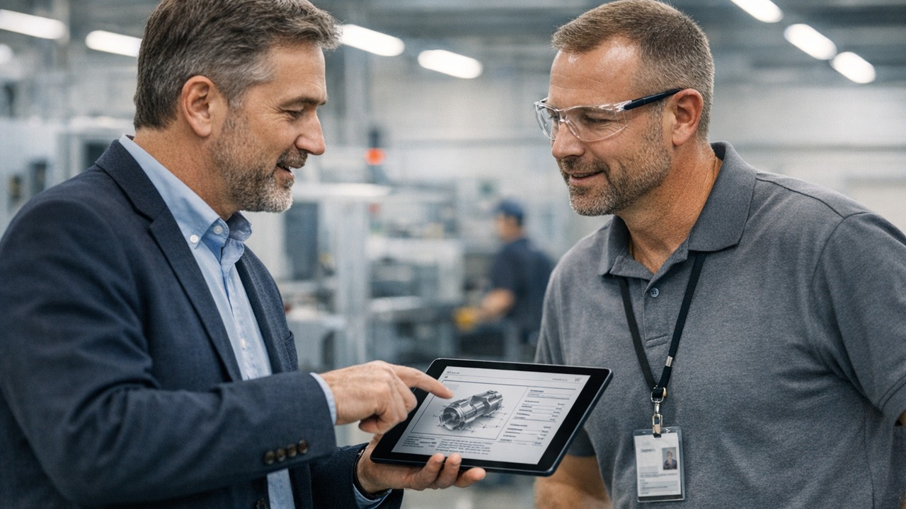 A manufacturing rep on the factory floor with a plant ops manager reviewing a part on a tablet