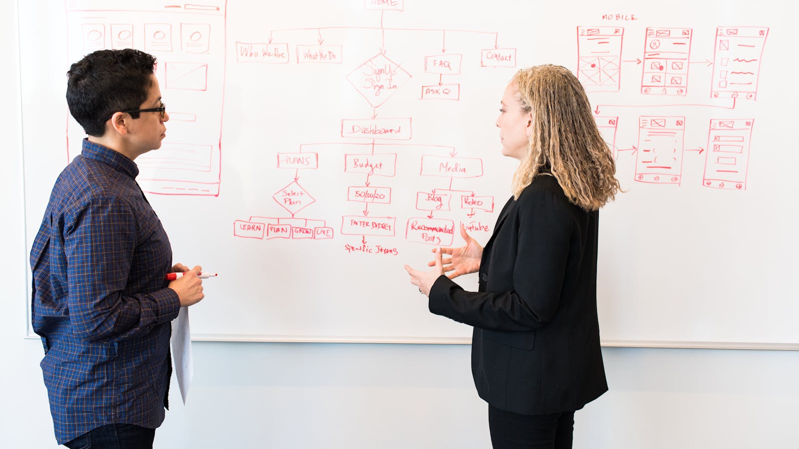 An agency creative director and a partner reviewing strategy on a tablet
