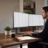 Side profile of a professional triaging messages on dual monitors
