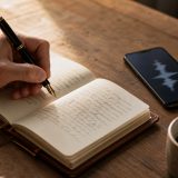 Hand writing in a leather journal with a fountain pen