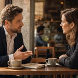 Two professionals in real conversation across a wood cafe table