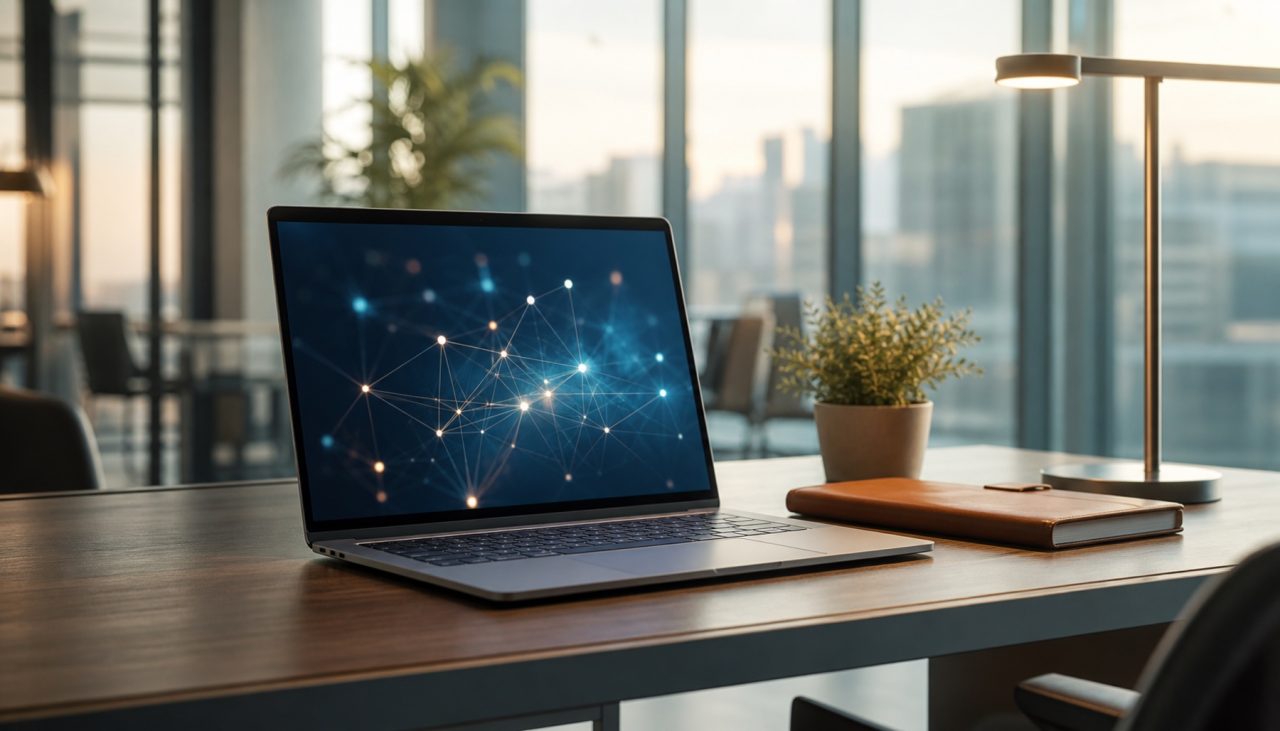 Modern enterprise workspace with a laptop showing a network visualization